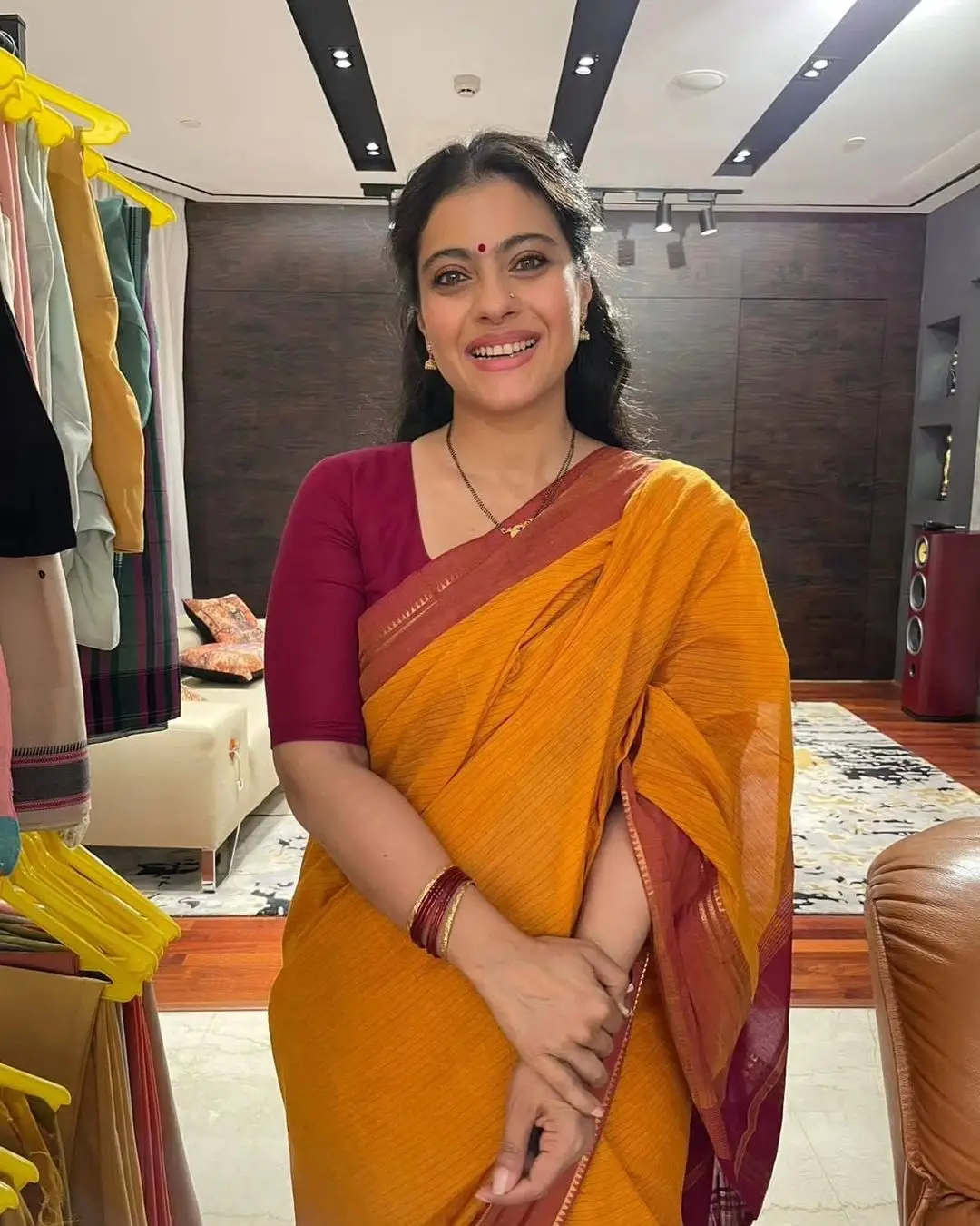 Kajol Devgan Photos In Yellow Saree Maroon Blouse